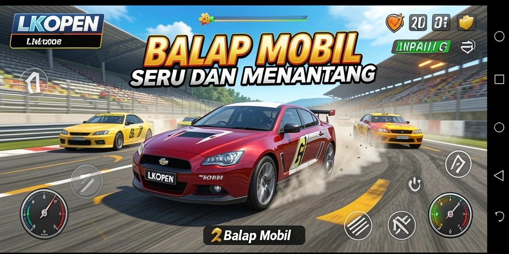 Tampilan antarmuka utama LKOPEN yang penuh action dan mobil balap.